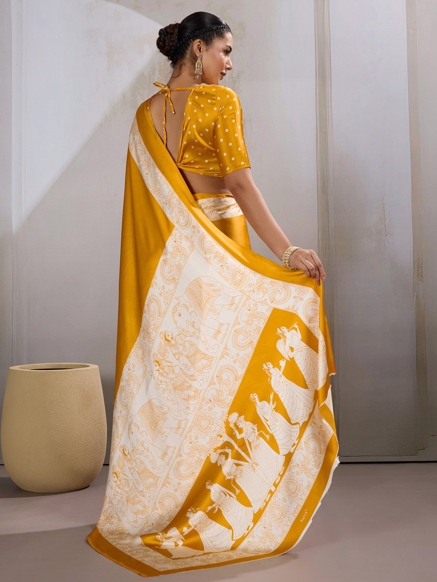 Mustard Banarasi Satin Printed Saree