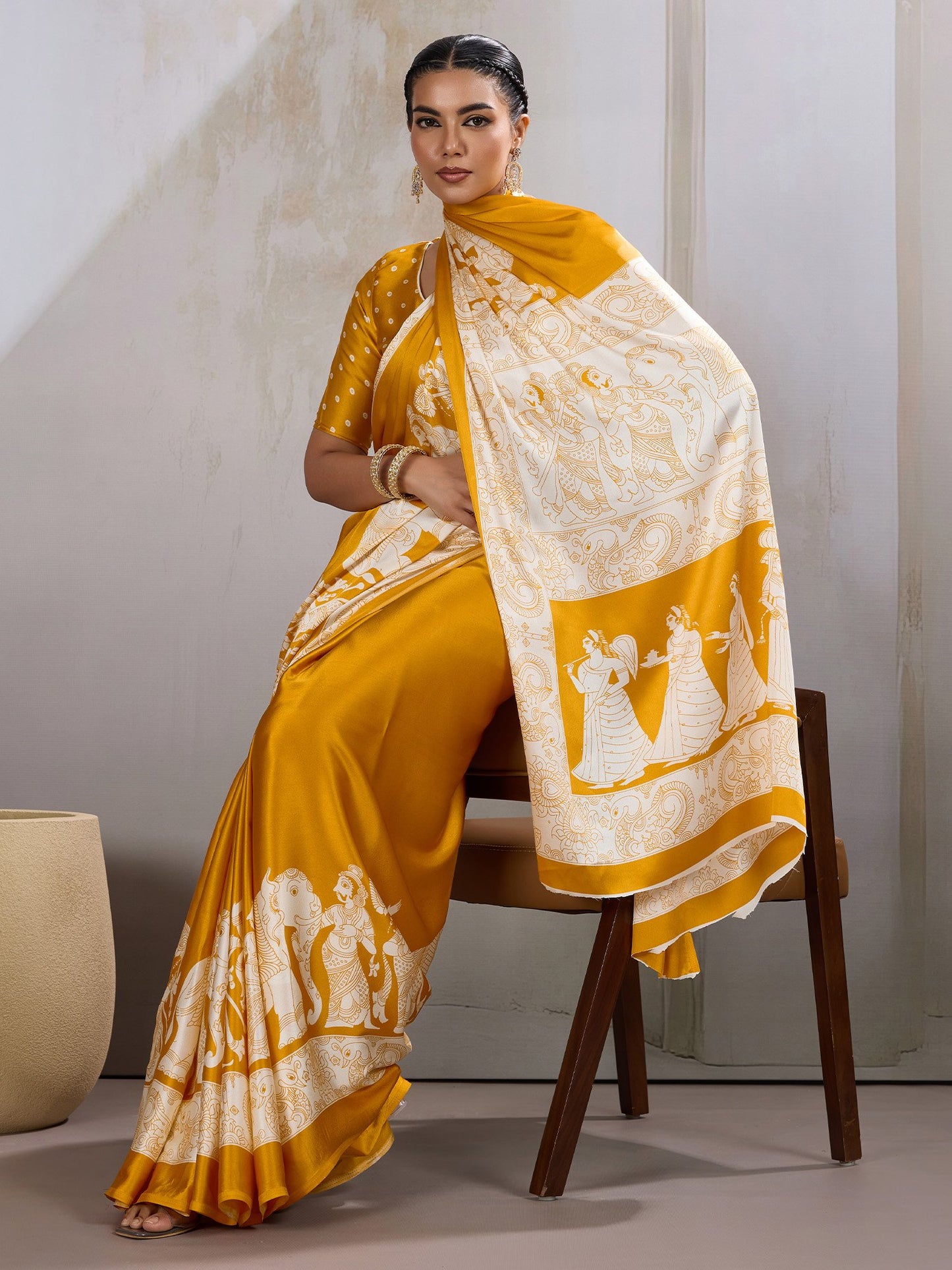 Mustard Banarasi Satin Printed Saree