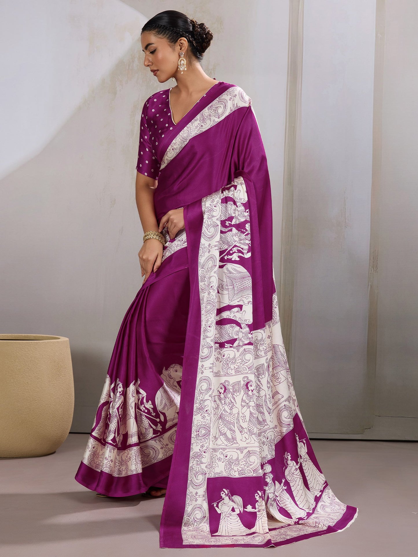 Purple Banarasi Satin Printed Saree