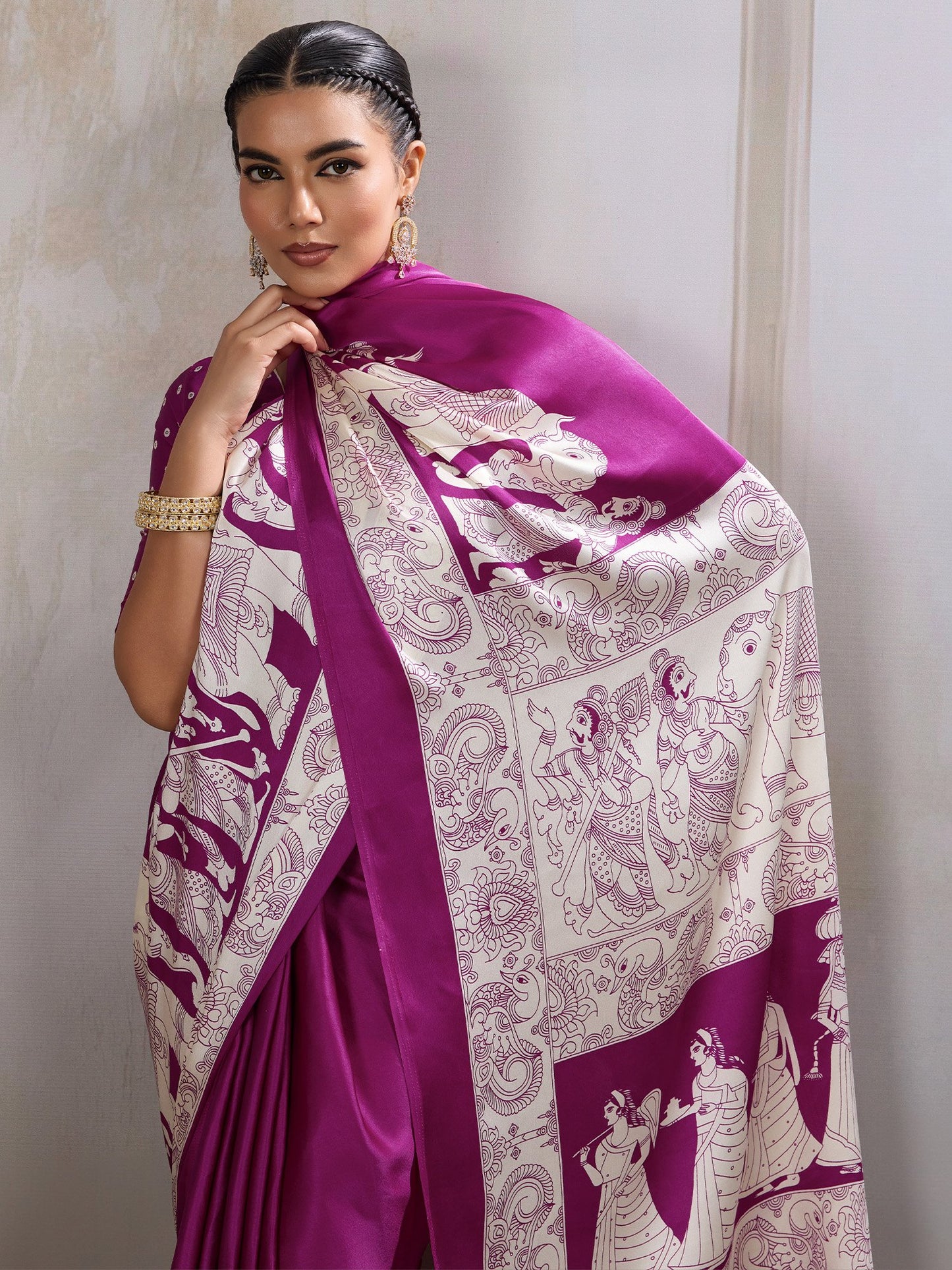 Purple Banarasi Satin Printed Saree