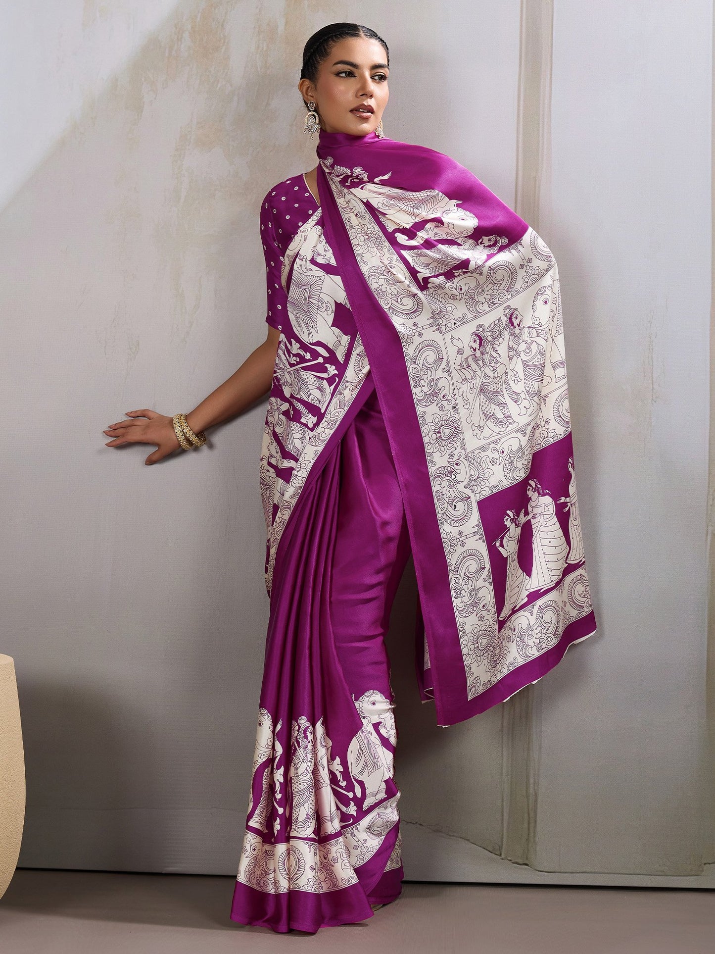 Purple Purple Banarasi Satin Printed Saree