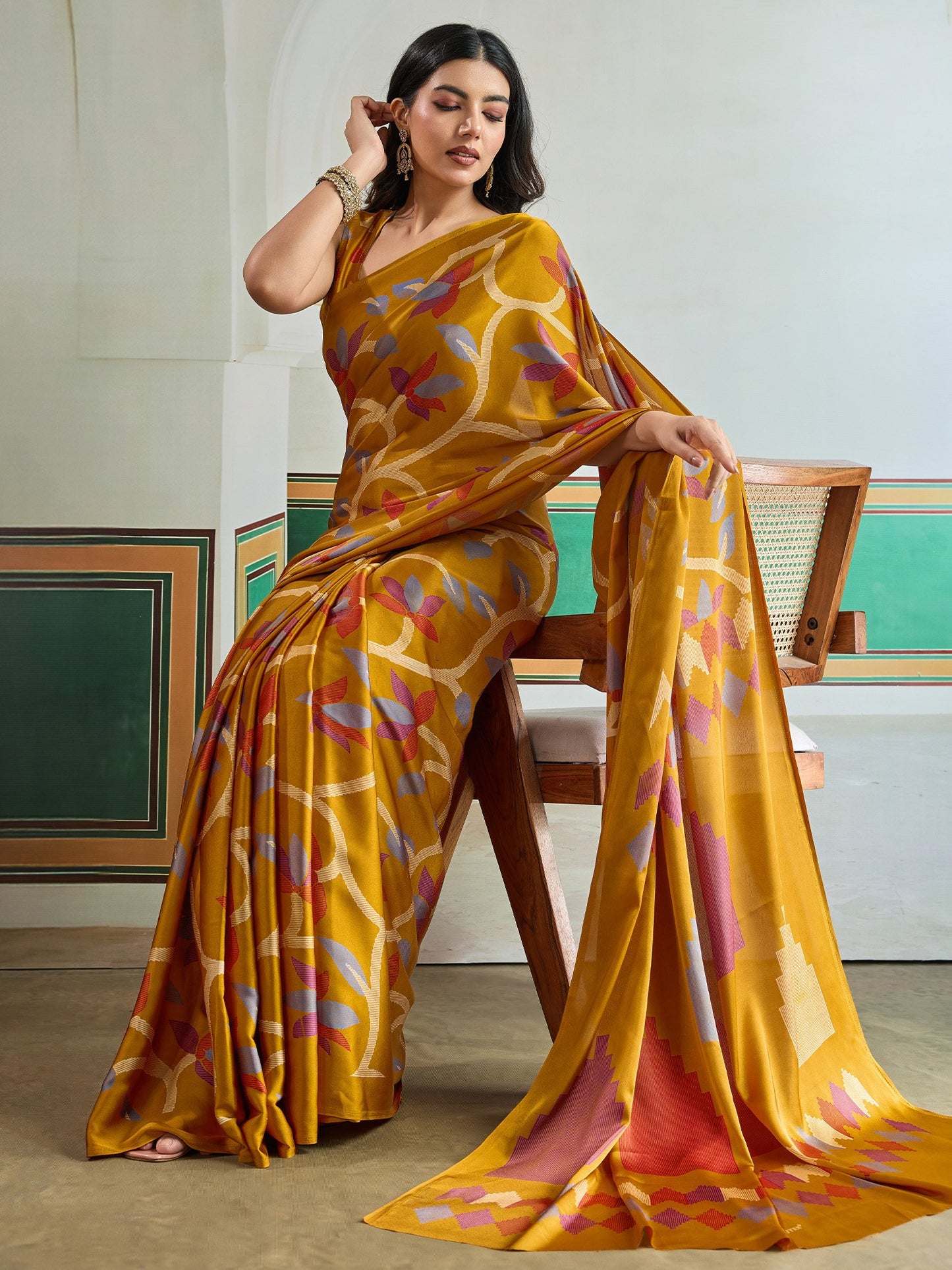 Mustard Banarasi Pure Silk Printed Saree