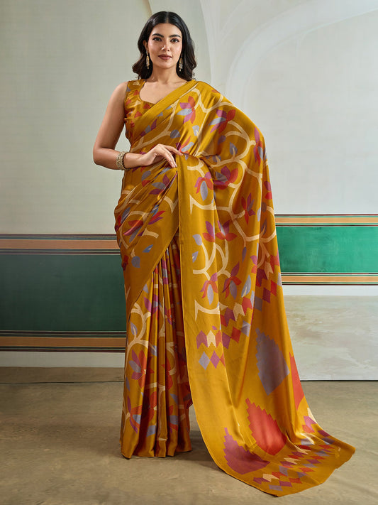 Yellow Mustard Banarasi Pure Silk Printed Saree
