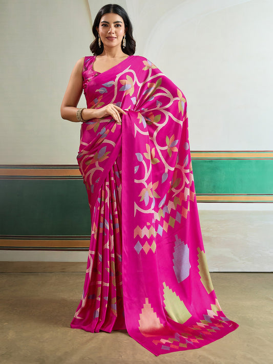 Pink Pink Banarasi Pure Silk Printed Saree