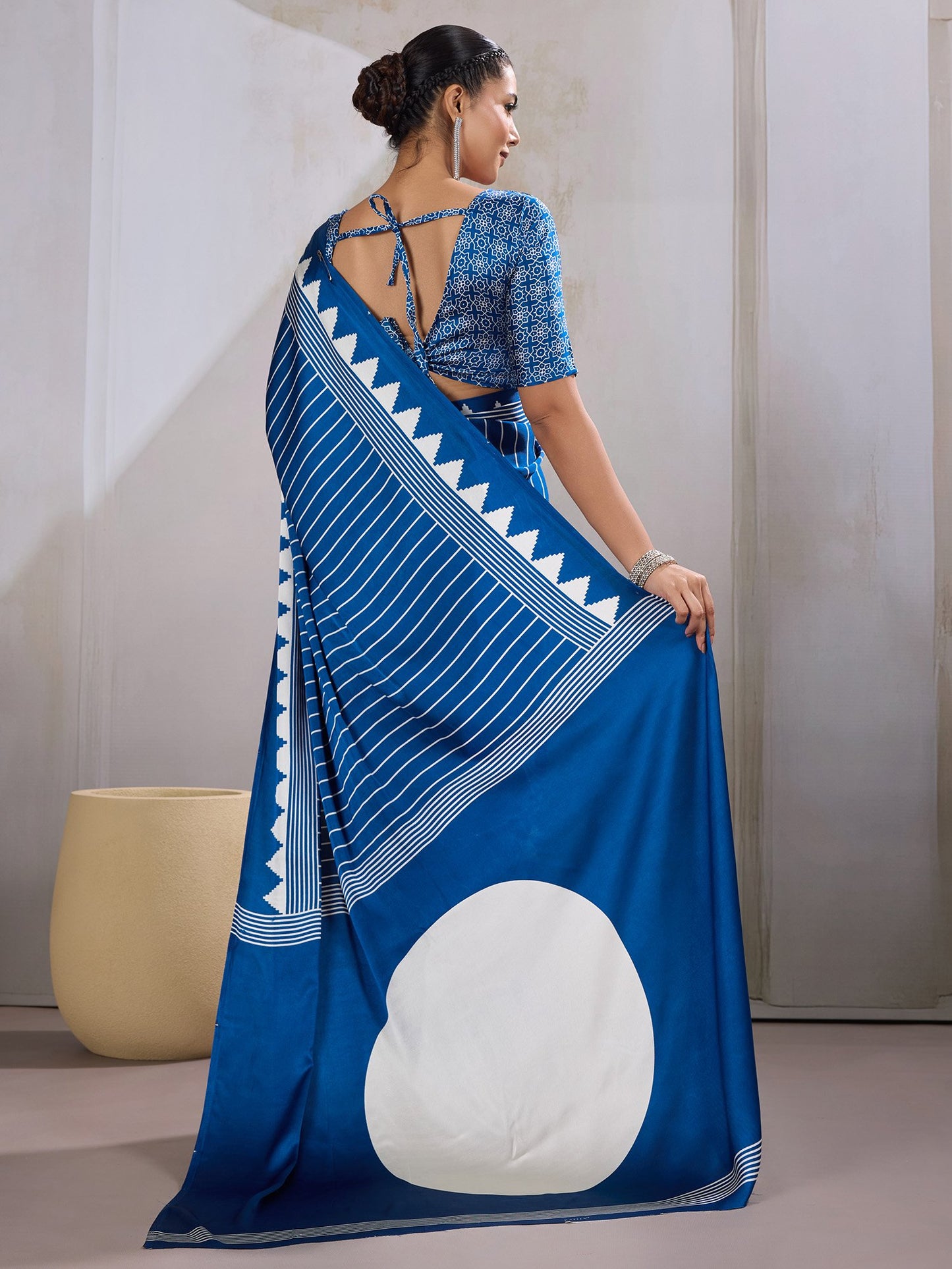 Blue Leheriya Satin Printed Saree