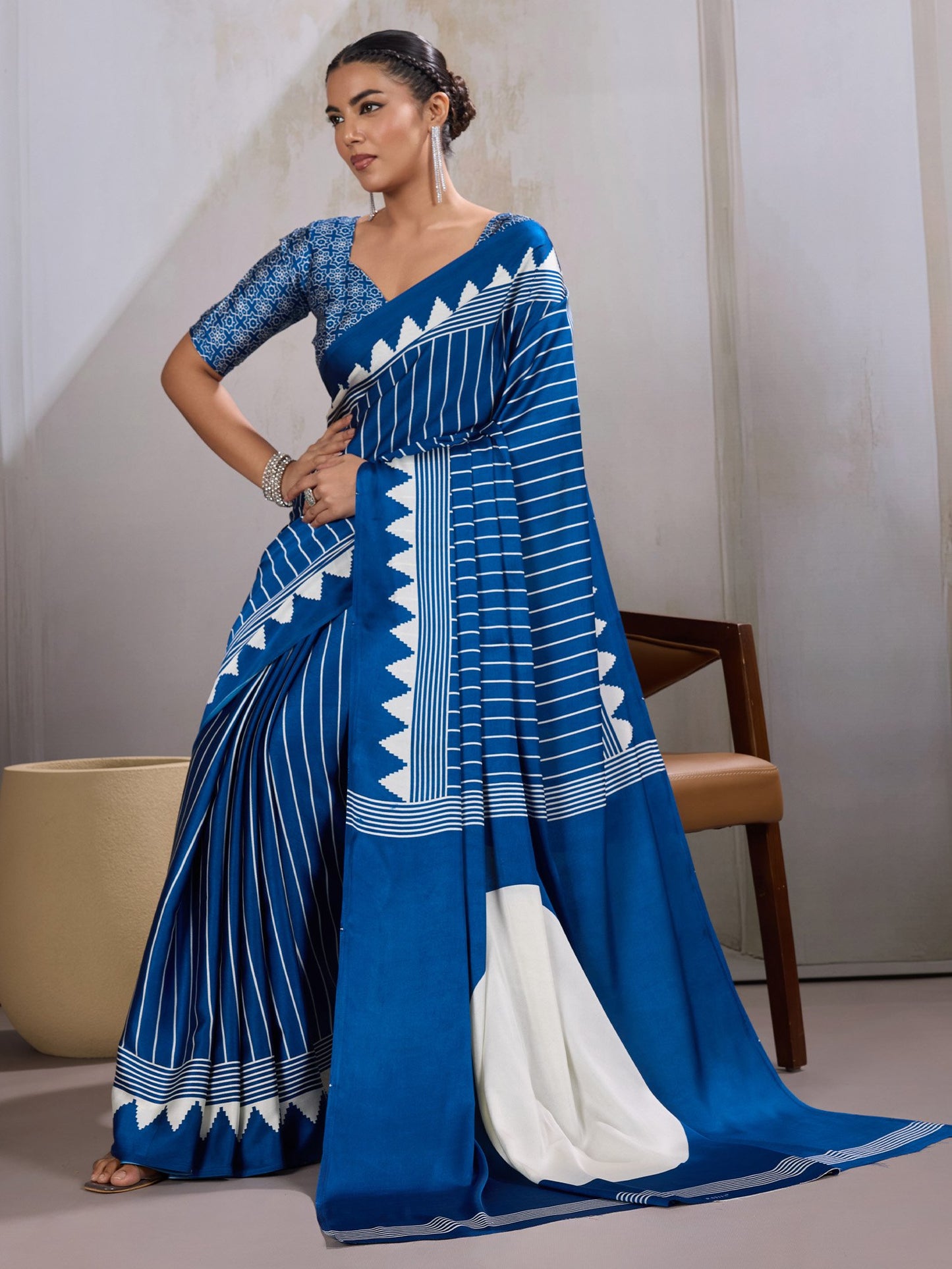 Blue Leheriya Satin Printed Saree