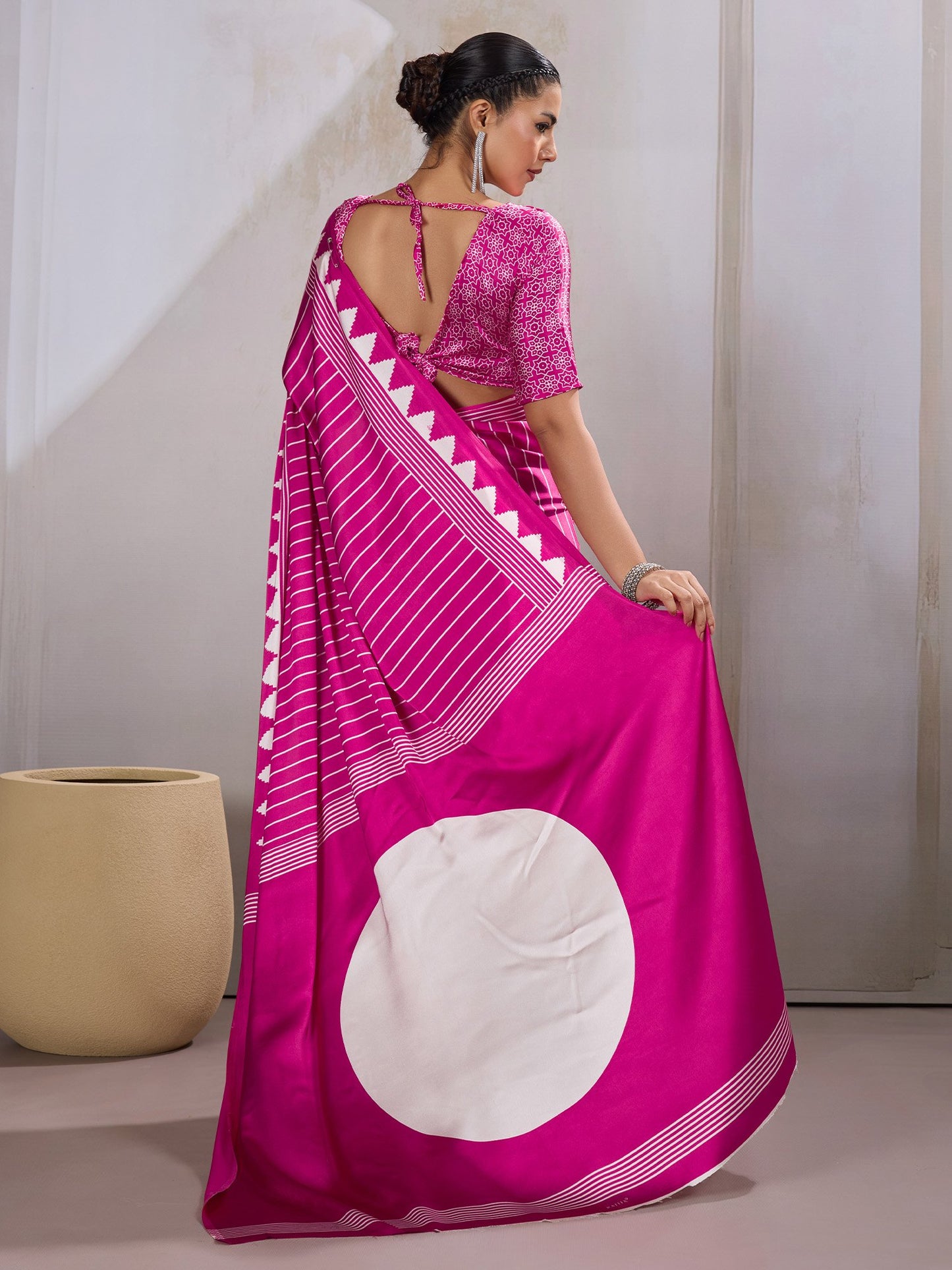 Pink Leheriya Satin Printed Saree