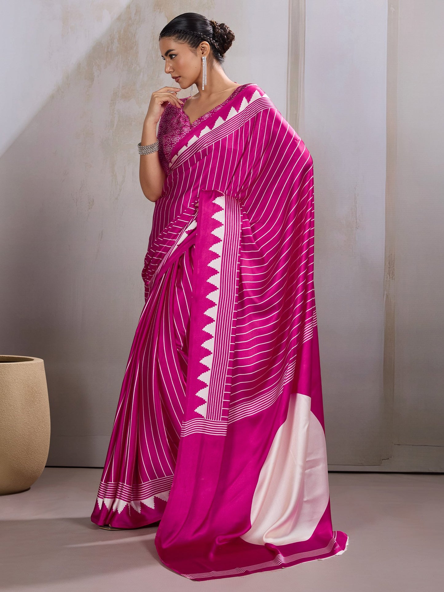 Pink Leheriya Satin Printed Saree