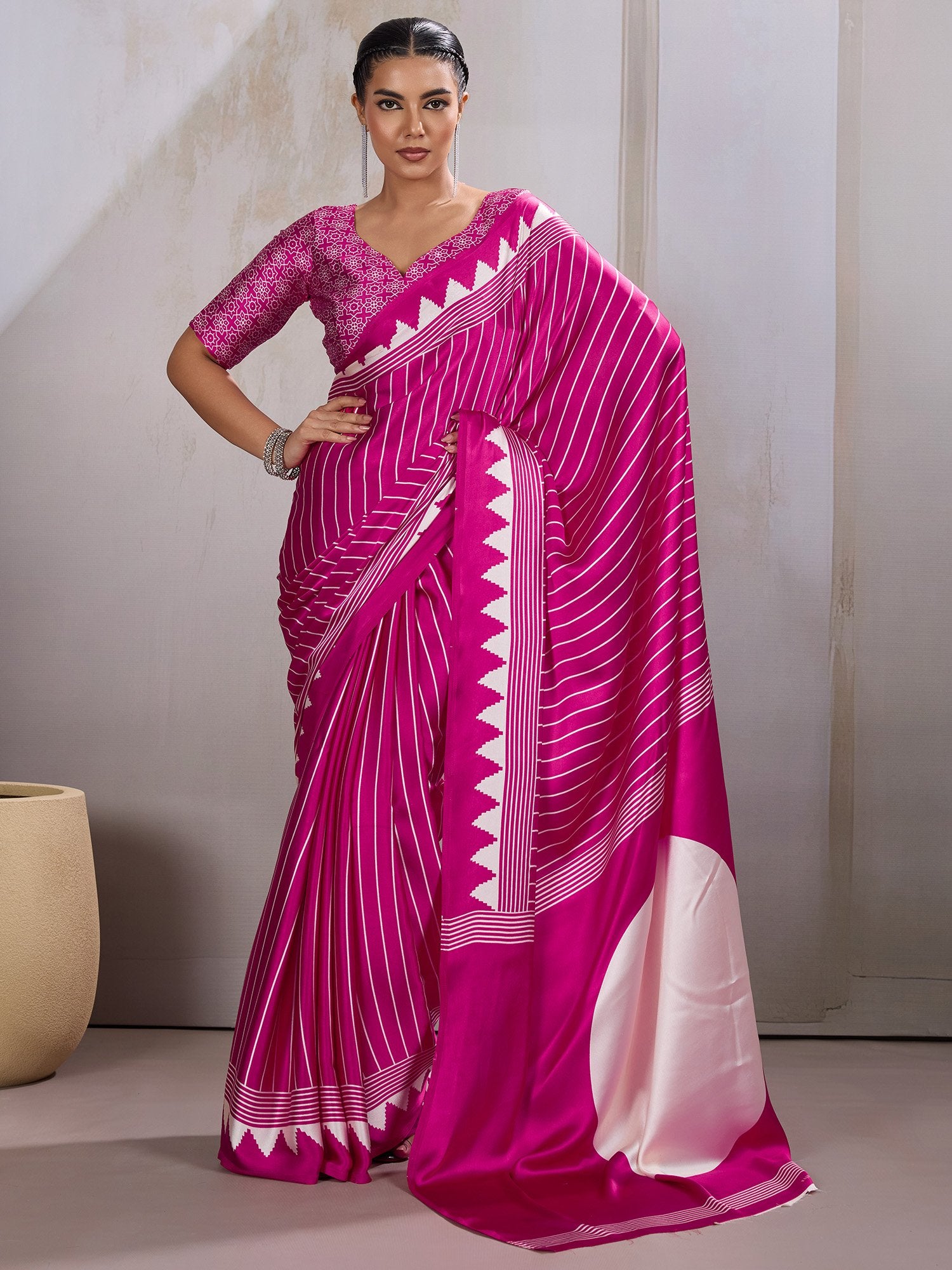Pink Pink Leheriya Satin Printed Saree