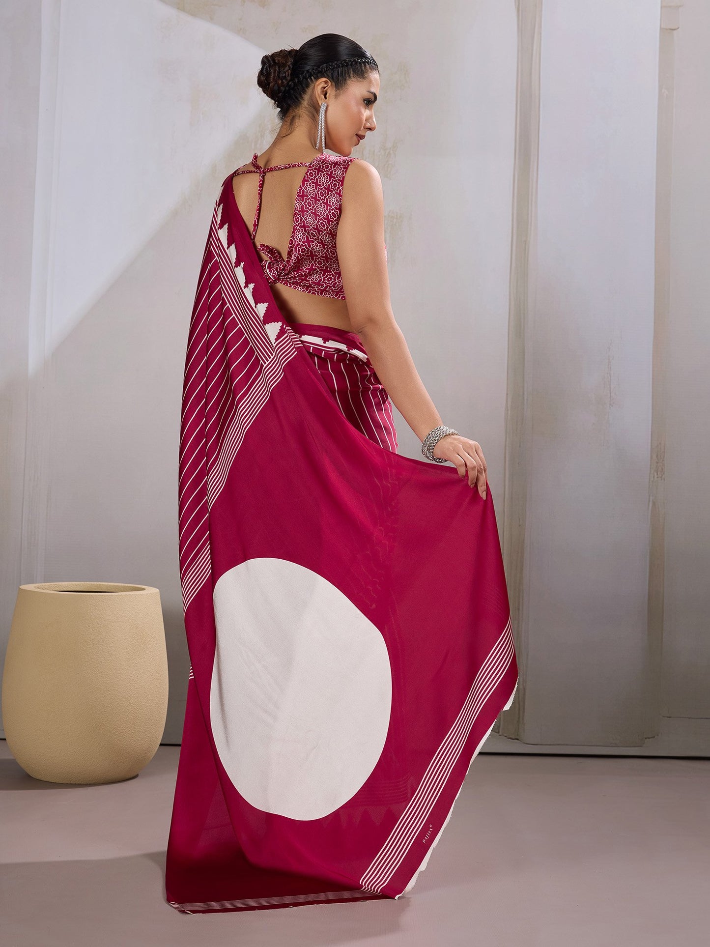 Burgundy Leheriya Satin Printed Saree