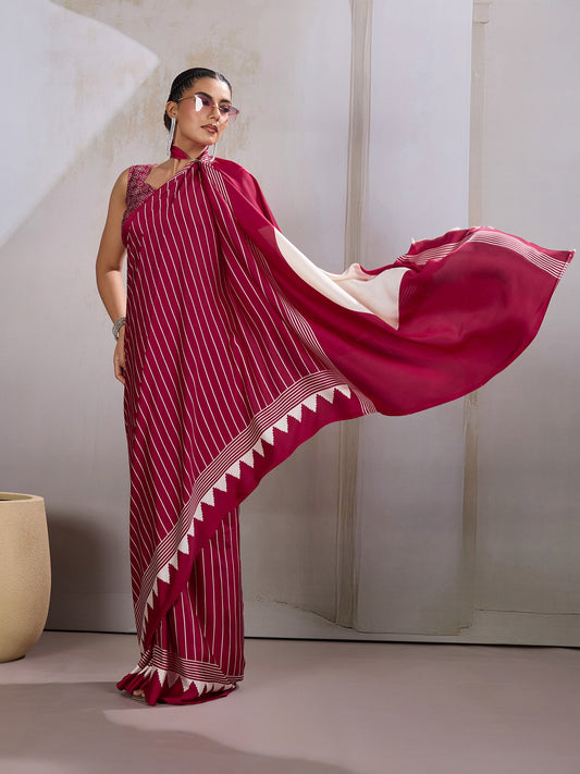Pink Burgundy Leheriya Satin Printed Saree