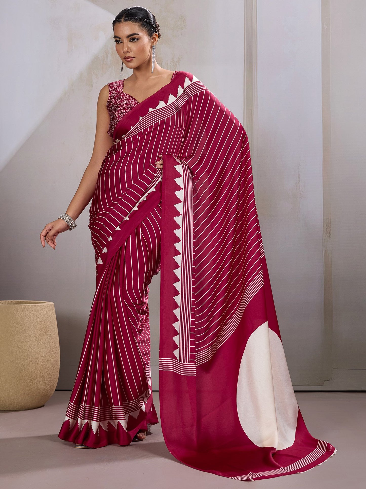 Burgundy Leheriya Satin Printed Saree