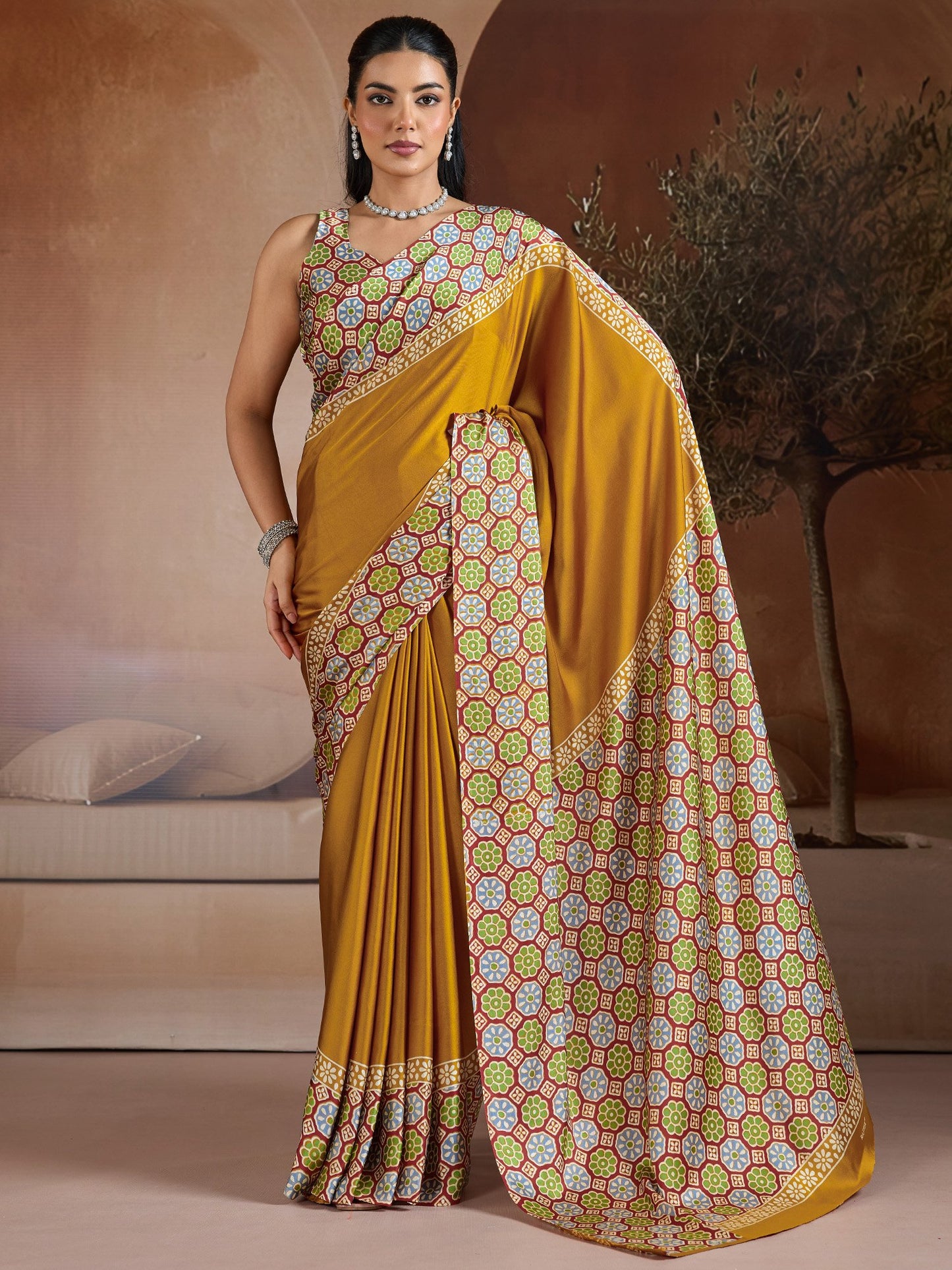 Mustard Banarasi Pure Silk Printed Saree