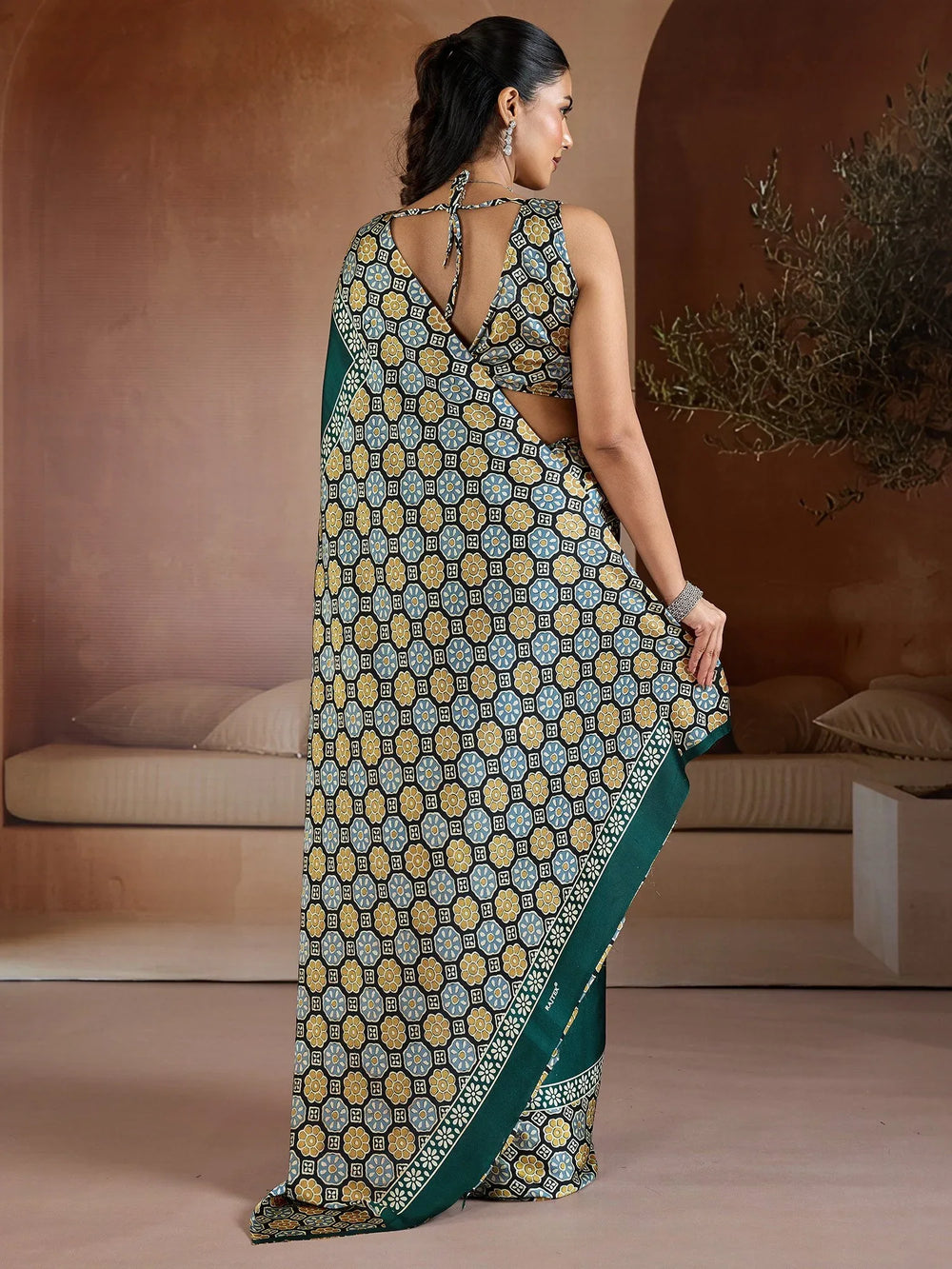 Green Banarasi Pure Silk Printed Saree - The Dori Store
