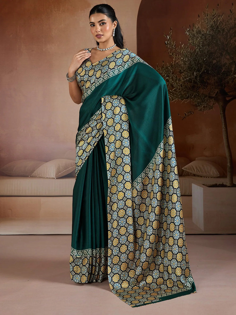 Green Banarasi Pure Silk Printed Saree - The Dori Store
