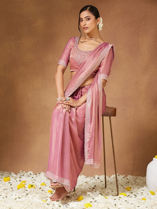 Pink Purple Party Wear Chiffon Embellished Saree