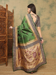 Green Banarasi Silk Blend Digital Print Saree - The Dori Store