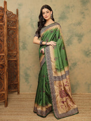 Green Banarasi Silk Blend Digital Print Saree - The Dori Store