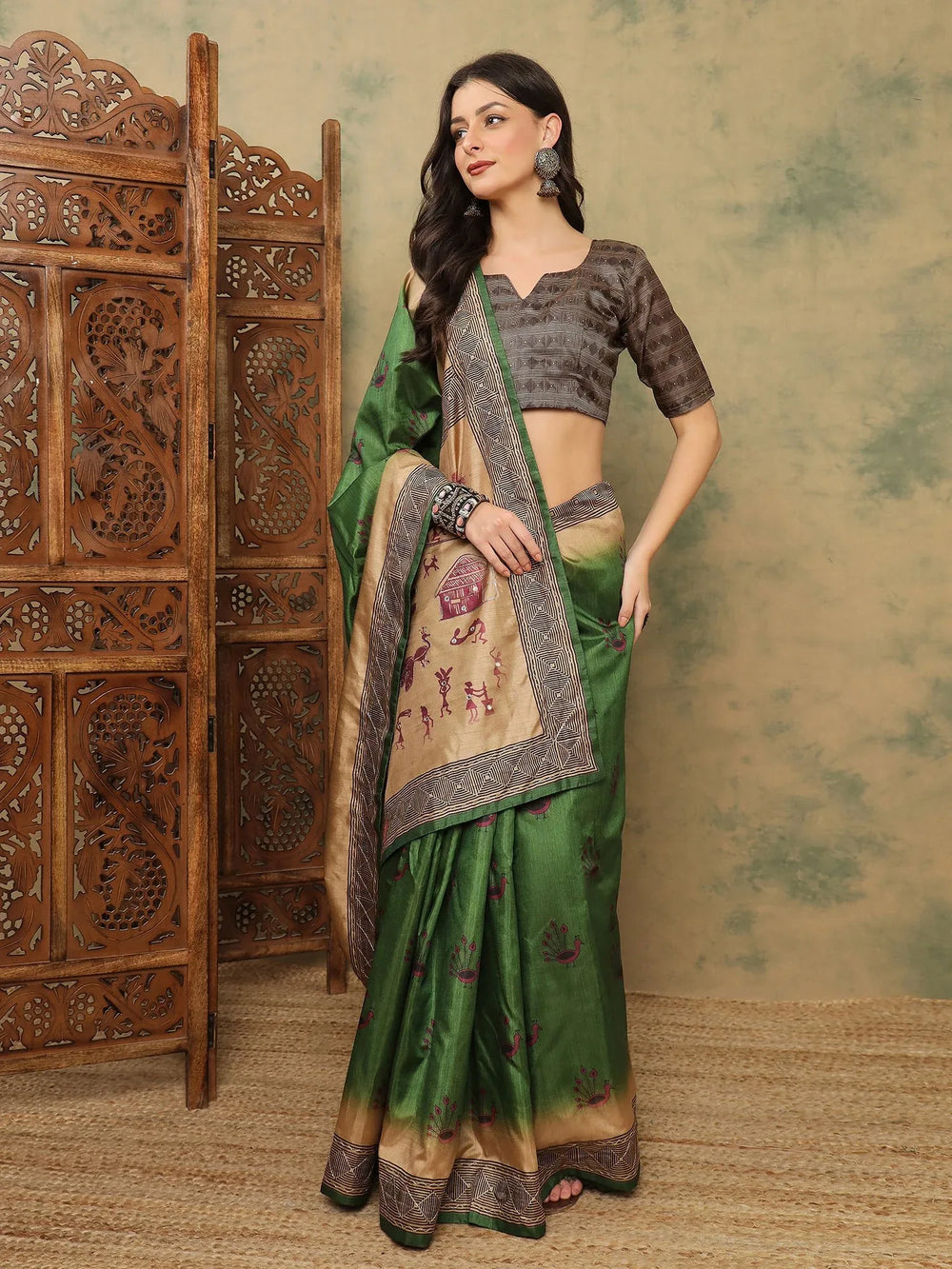 Green Banarasi Silk Blend Digital Print Saree - The Dori Store