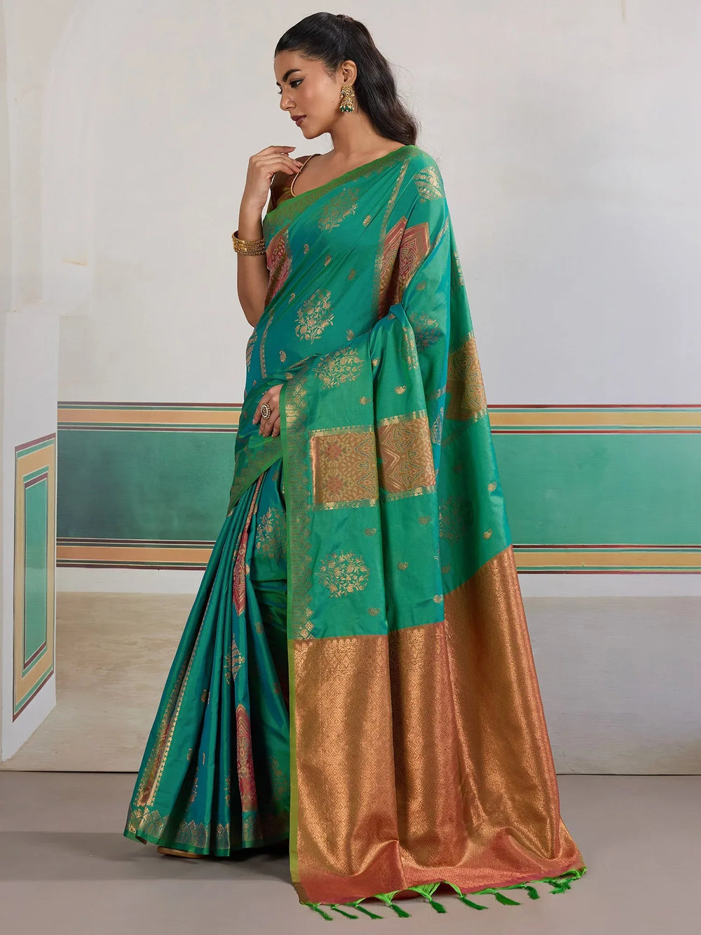 Teal Green Banarasi Silk Woven Festive Saree - The Dori Store
