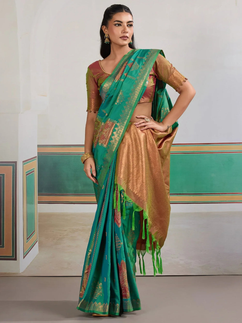 Teal Green Banarasi Silk Woven Festive Saree - The Dori Store