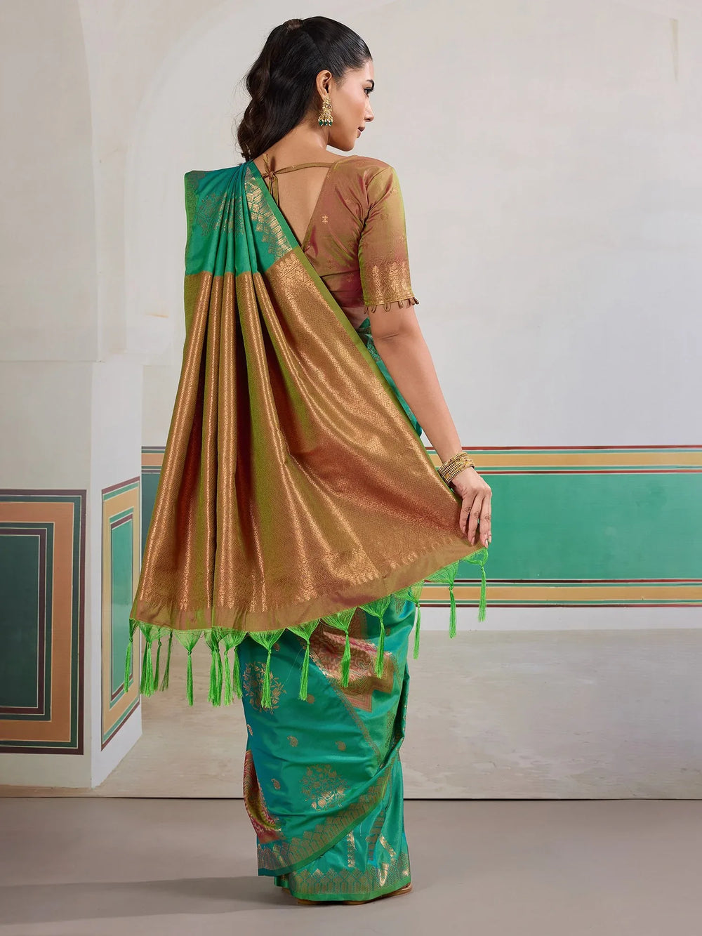 Teal Green Banarasi Silk Woven Festive Saree - The Dori Store