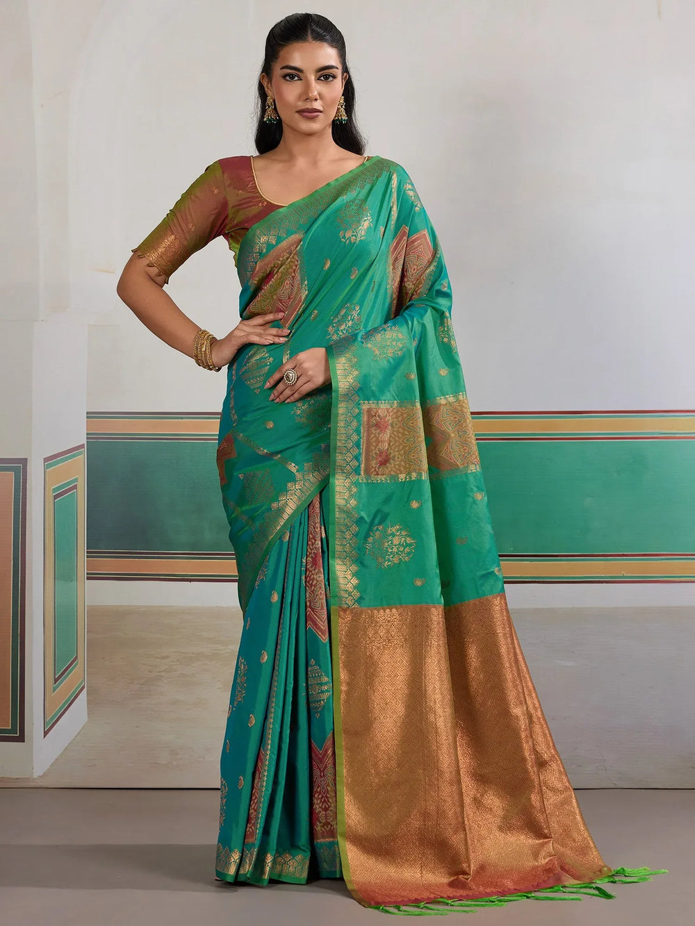 Teal Green Banarasi Silk Woven Festive Saree - The Dori Store