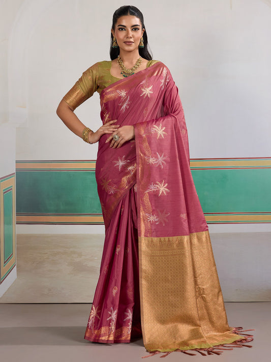 Pink Mauve Banarasi Tussar Silk Woven Saree