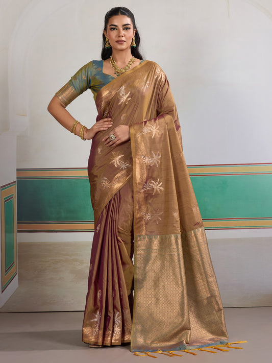 Brown Brown Banarasi Tussar Silk Woven Saree