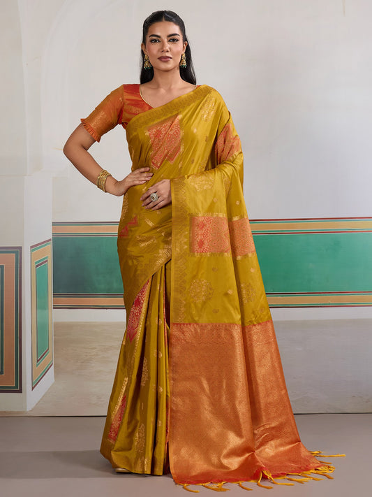 Yellow Mustard Banarasi Silk Woven Saree