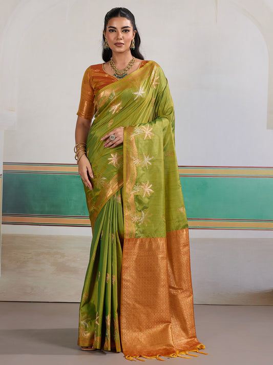 Green Light Banarasi Tussar Silk Woven Saree