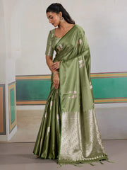 Green Banarasi Satin Woven Saree - The Dori Store