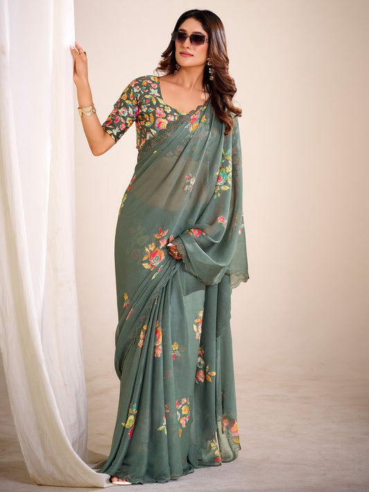 Green Green Party Wear Chiffon Printed Saree