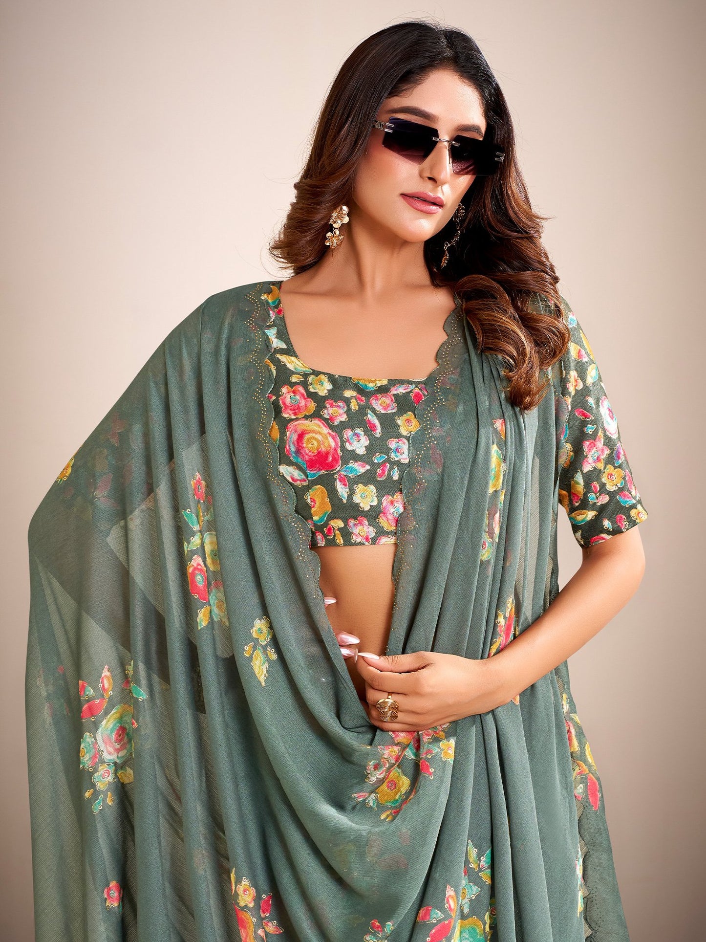 Green Party Wear Chiffon Printed Saree