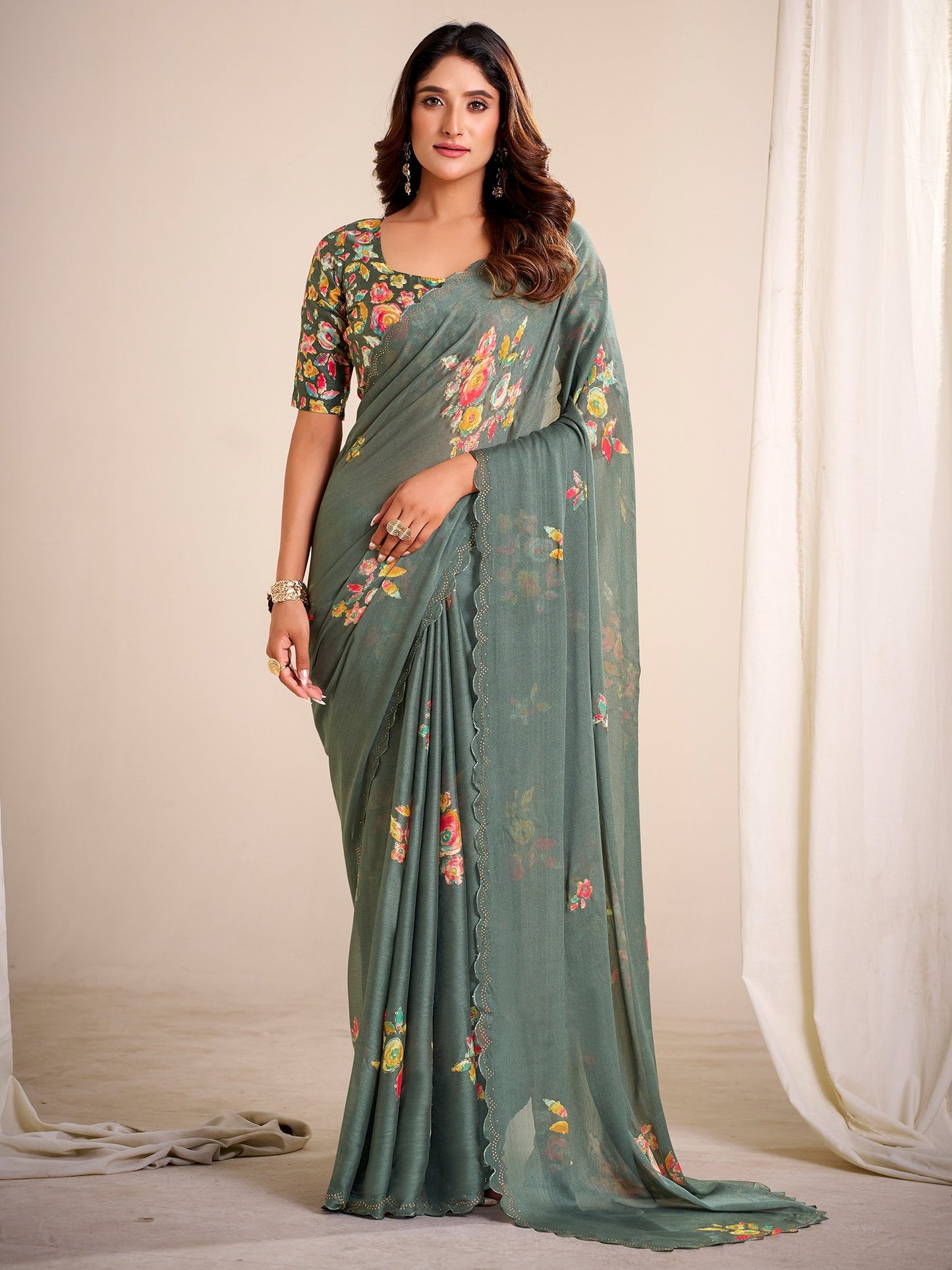 Green Party Wear Chiffon Printed Saree