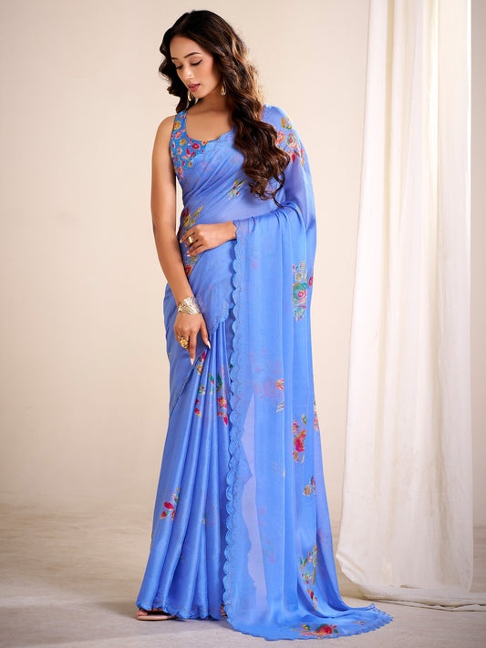 Blue Light Party Wear Chiffon Printed Saree