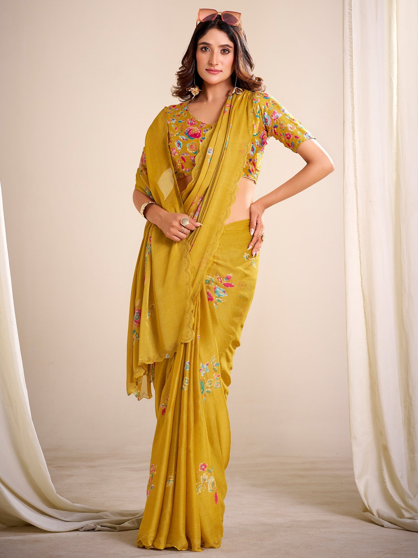 Mustard Party Wear Chiffon Printed Saree