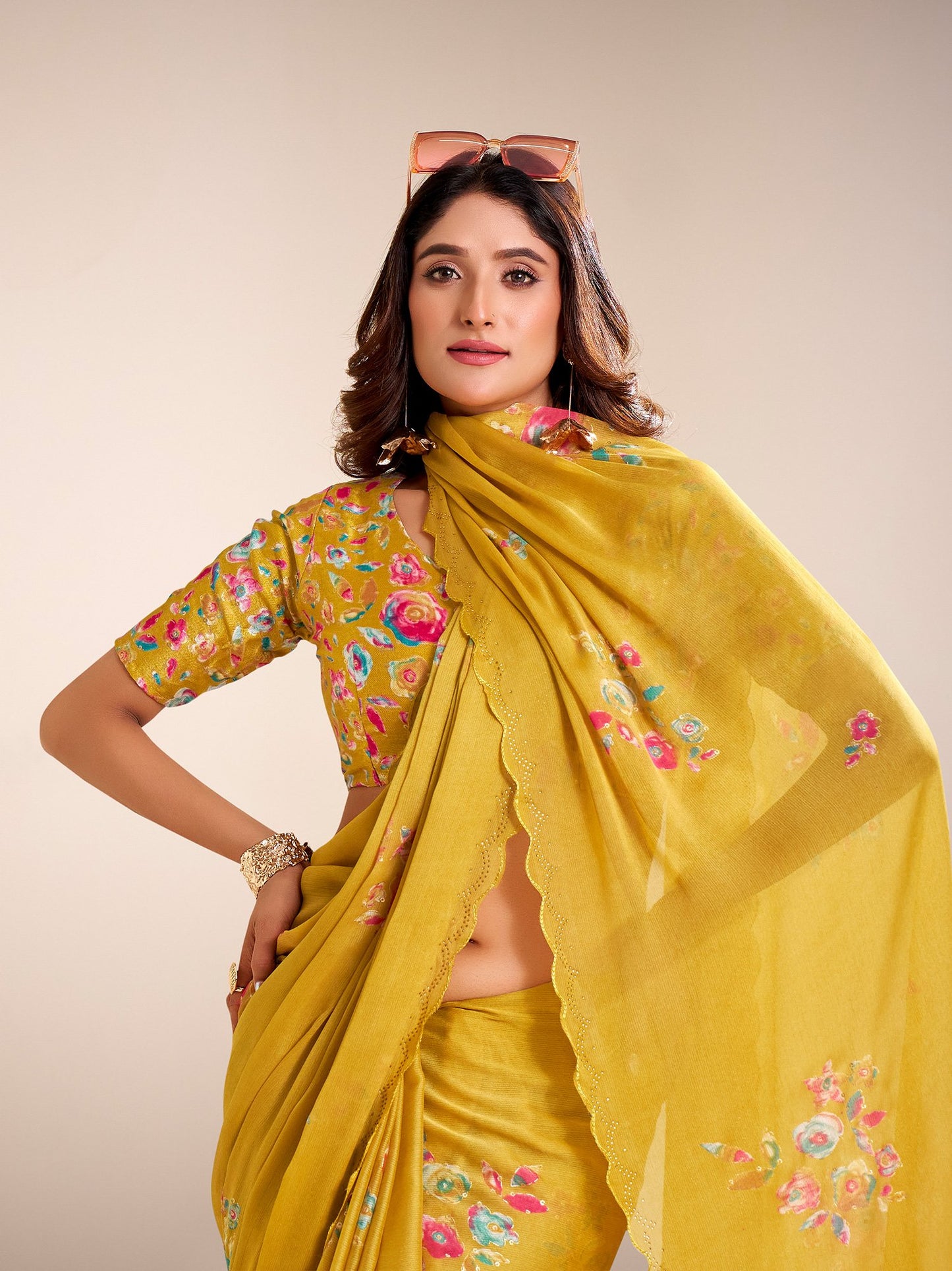 Mustard Party Wear Chiffon Printed Saree