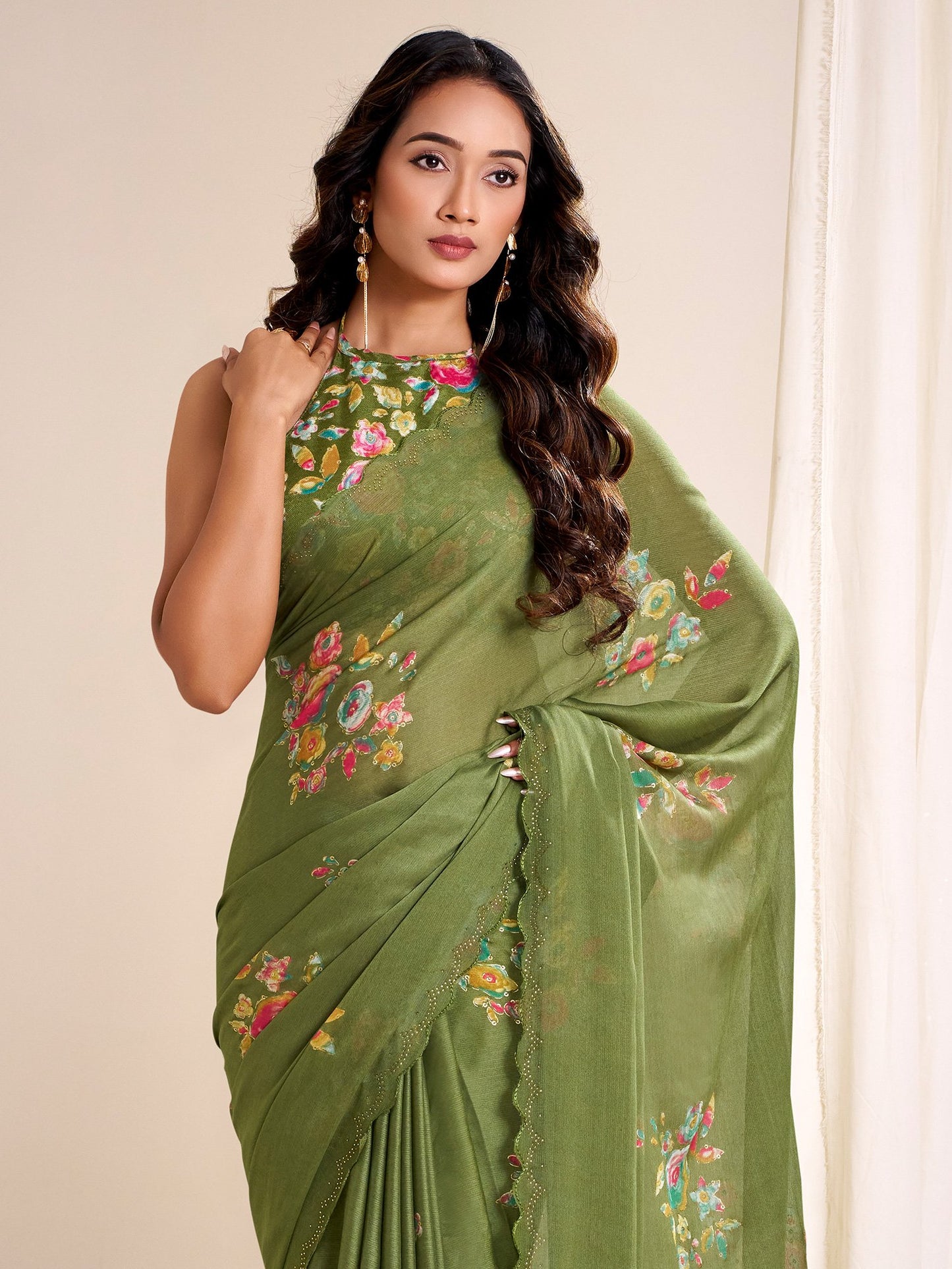 Green Party Wear Chiffon Printed Saree