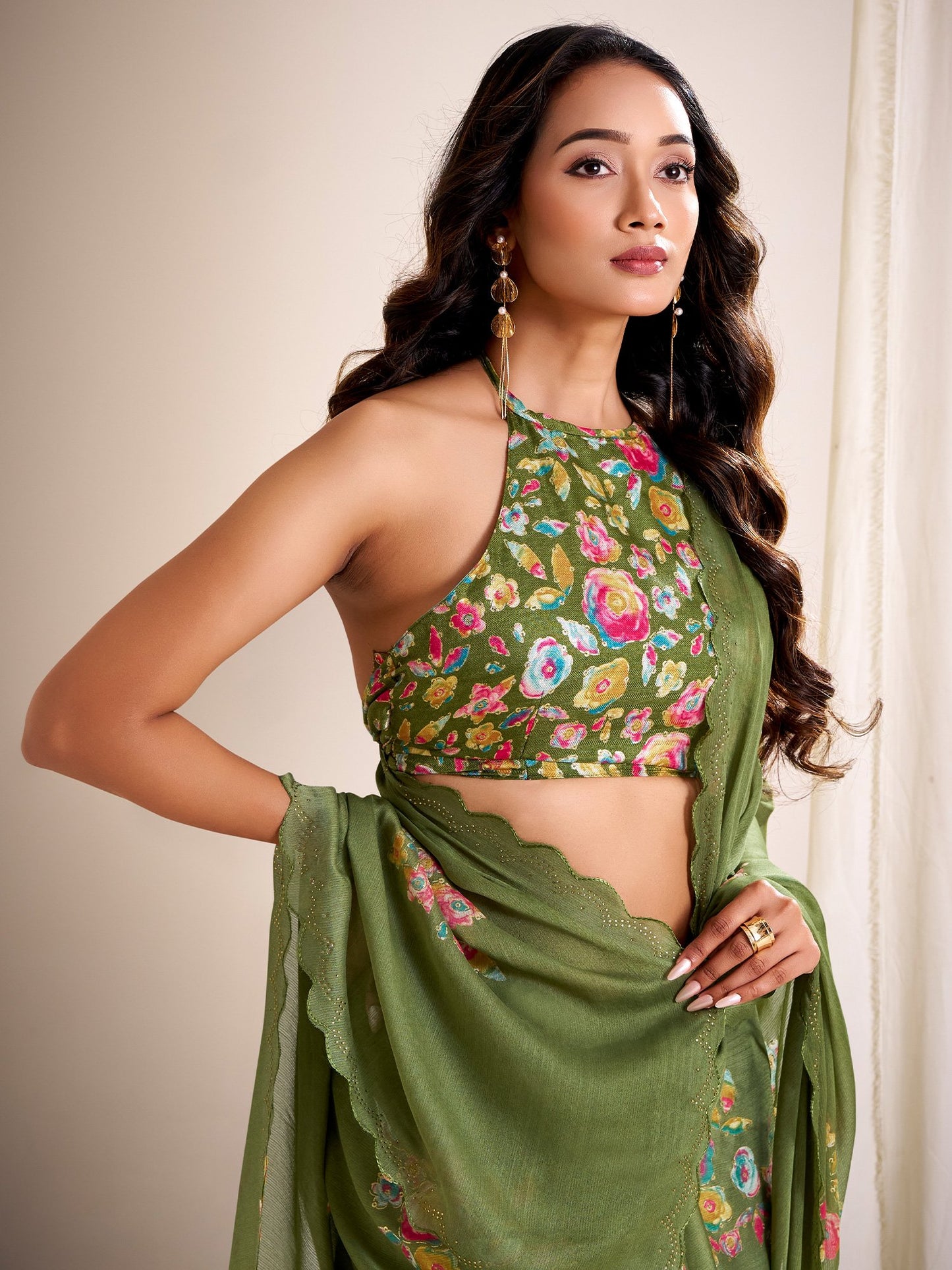 Green Party Wear Chiffon Printed Saree