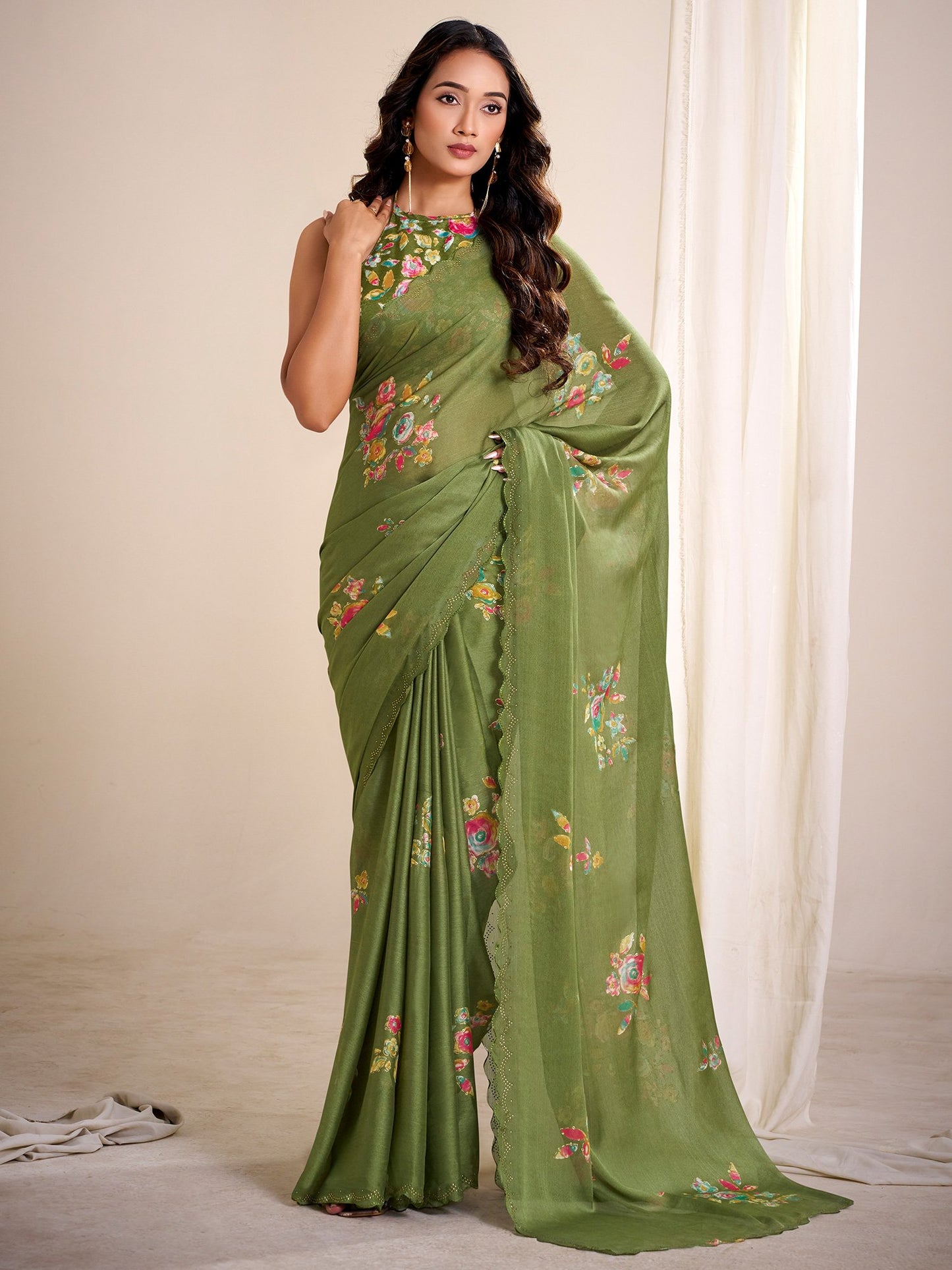 Green Green Party Wear Chiffon Printed Saree