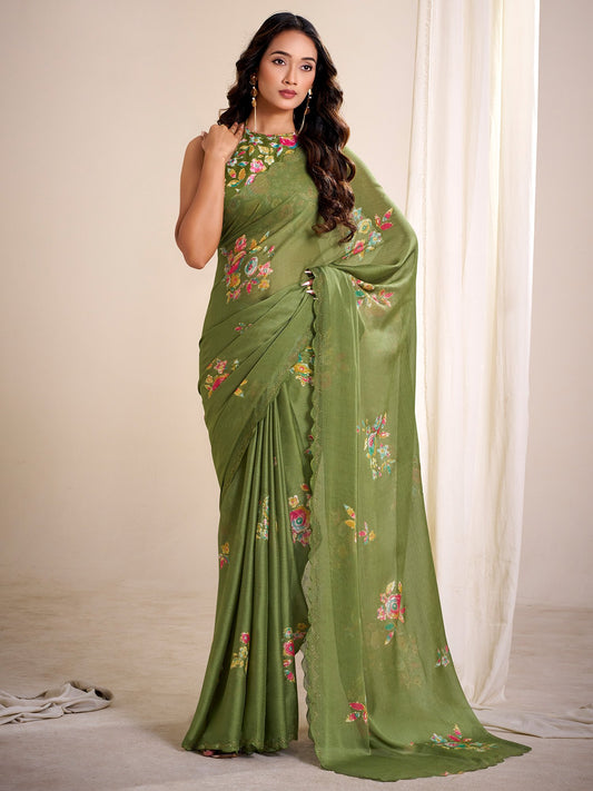 Green Green Party Wear Chiffon Printed Saree
