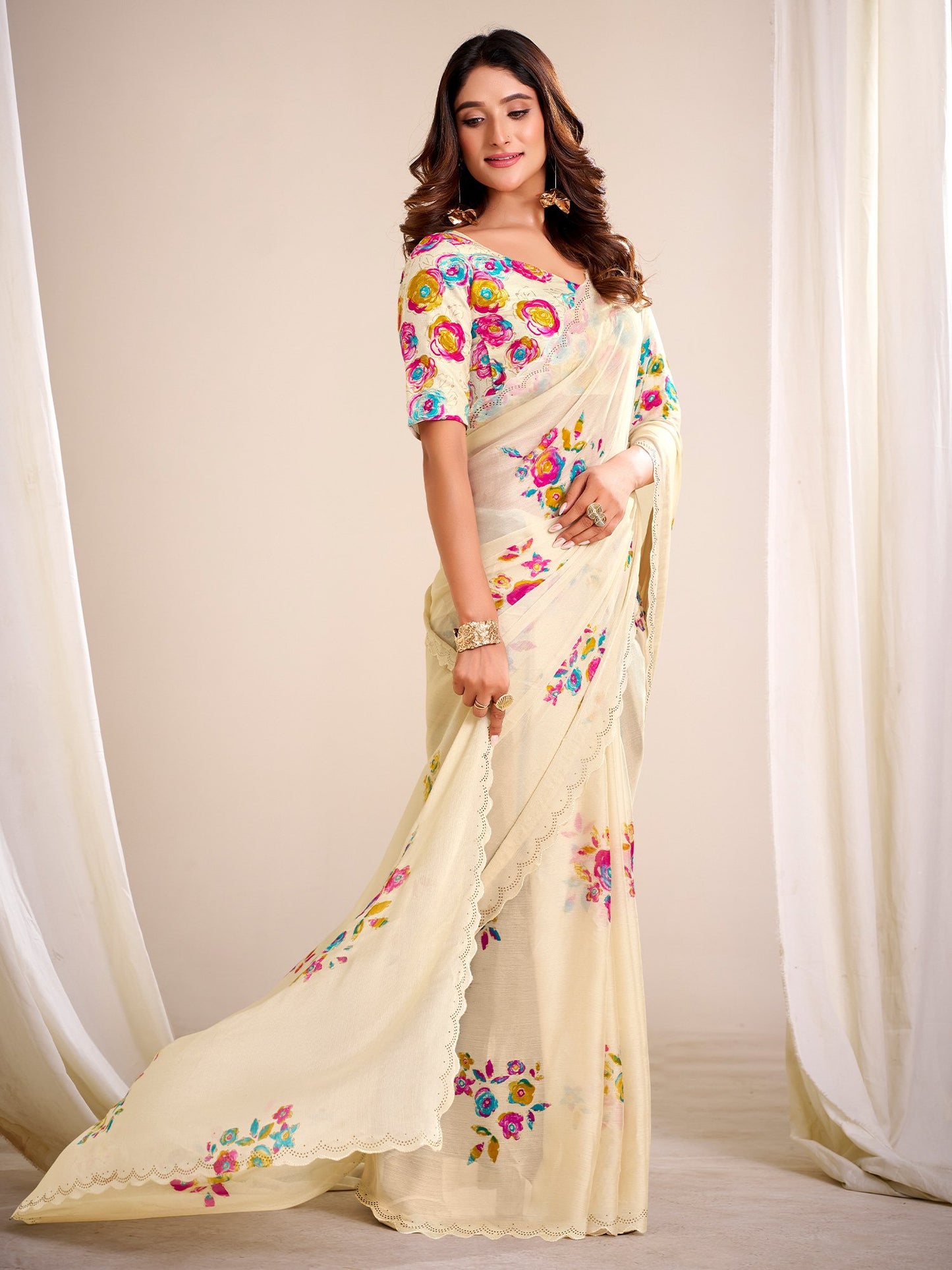 Off Party Wear Chiffon Printed Saree