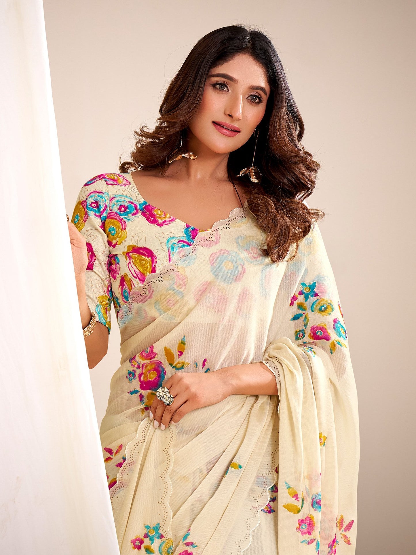Off Party Wear Chiffon Printed Saree