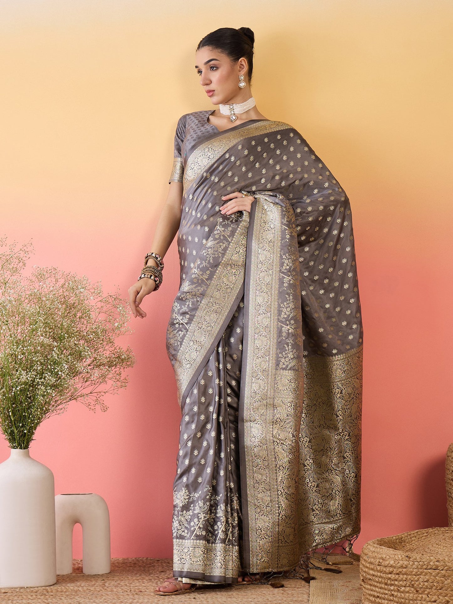Grey Banarasi Satin Silk Woven Saree