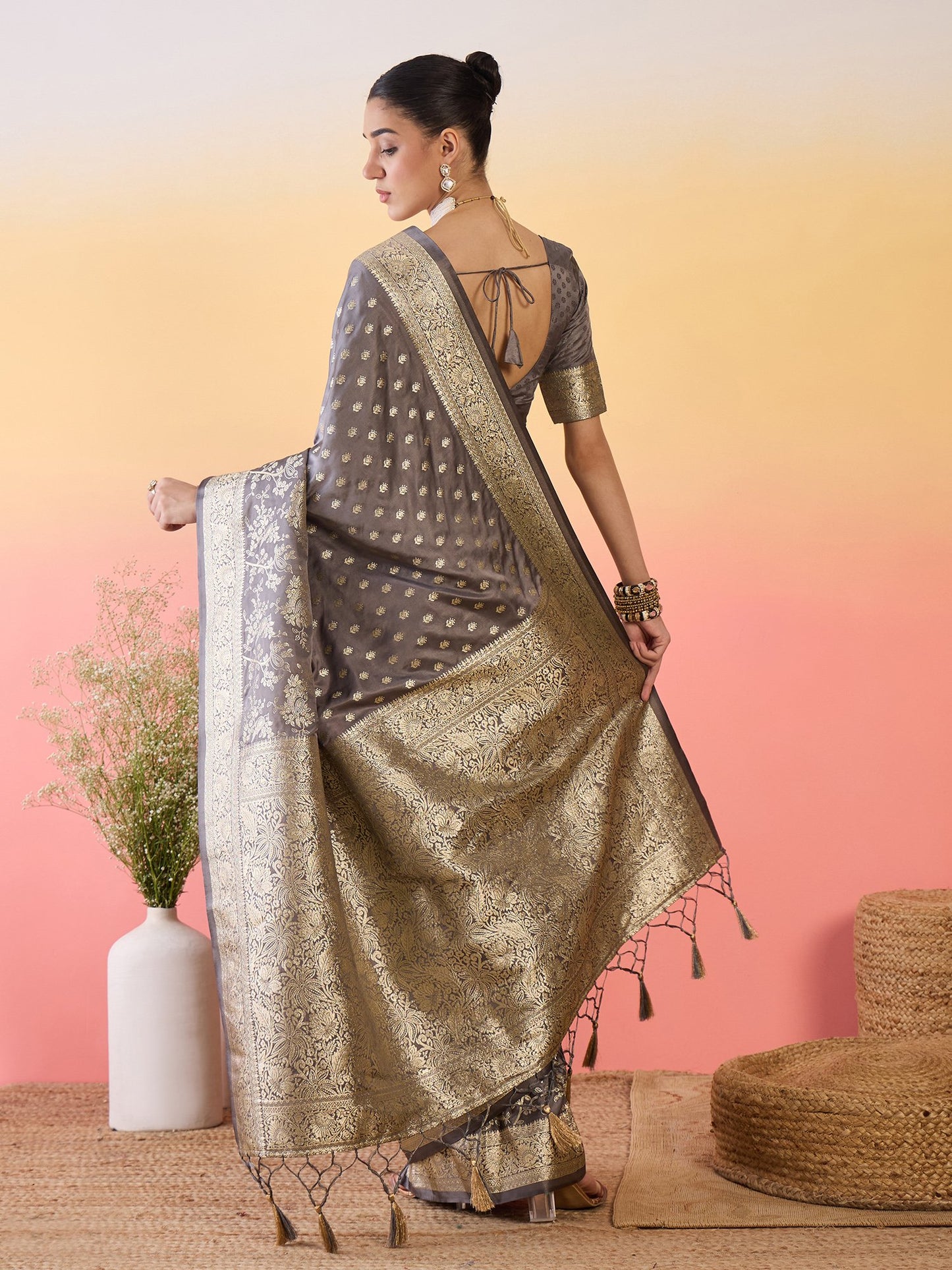 Grey Banarasi Satin Silk Woven Saree