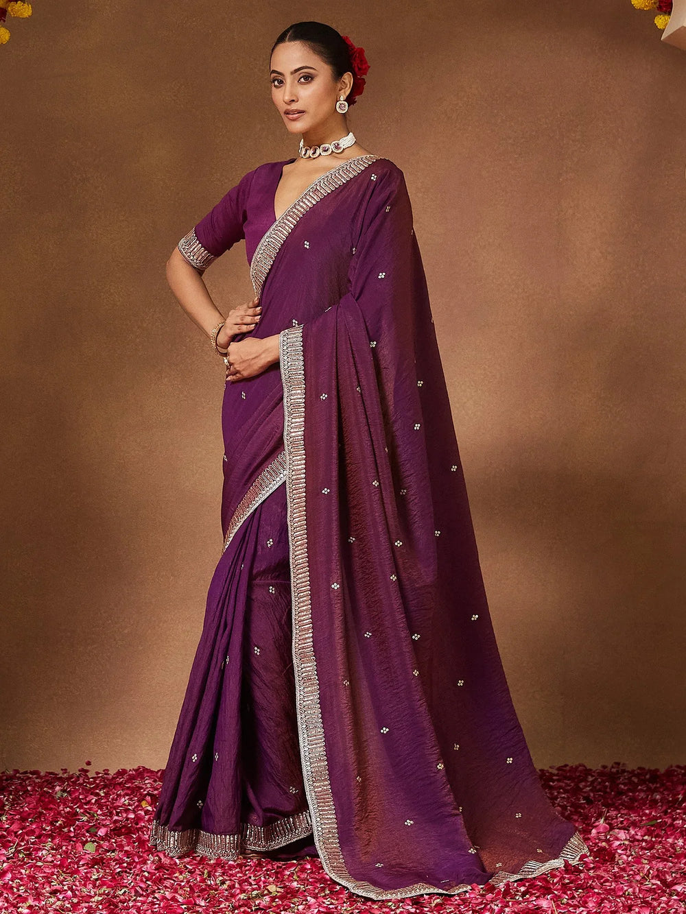 Purple Party Wear Vichitra Silk Embellished Saree - The Dori Store