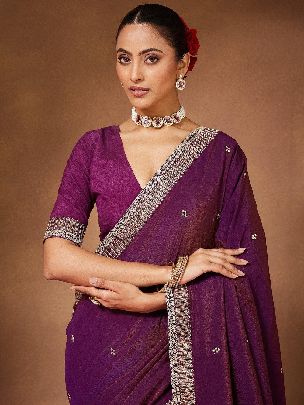 Purple Party Wear Vichitra Silk Embellished Saree - The Dori Store