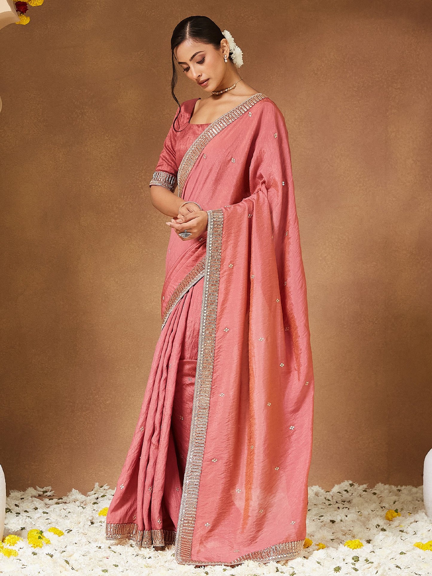 Peach Party Wear Vichitra Silk Embellished Saree