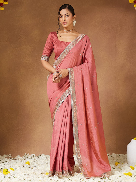 Pink Peach Party Wear Vichitra Silk Embellished Saree
